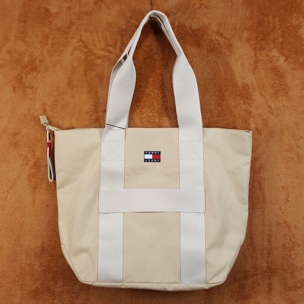 TOMMY HILFIGER XL Tan Canvas Tote Bag Retro Tommy Jeans $119